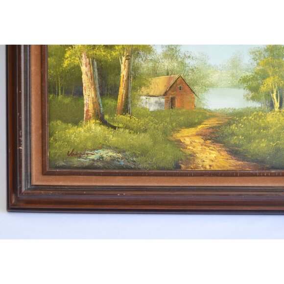 Vintage Handpainted Rustic Woodsy Cabin House Road Trail Lake Oil Painting Signe - Picture 2 of 8